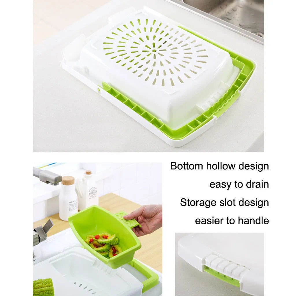 Green multi-function cutting board with drain holes mounted on a kitchen sink edge