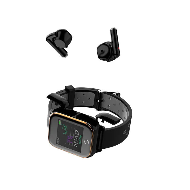 Black smart watch with touchscreen displaying fitness stats, with Bluetooth earbuds docked in the watch case.