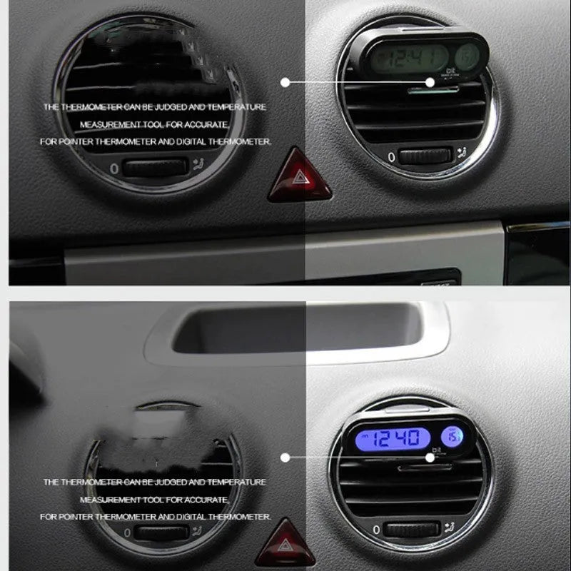 Black electronic car dashboard clock and thermometer with adjustable bracket on display