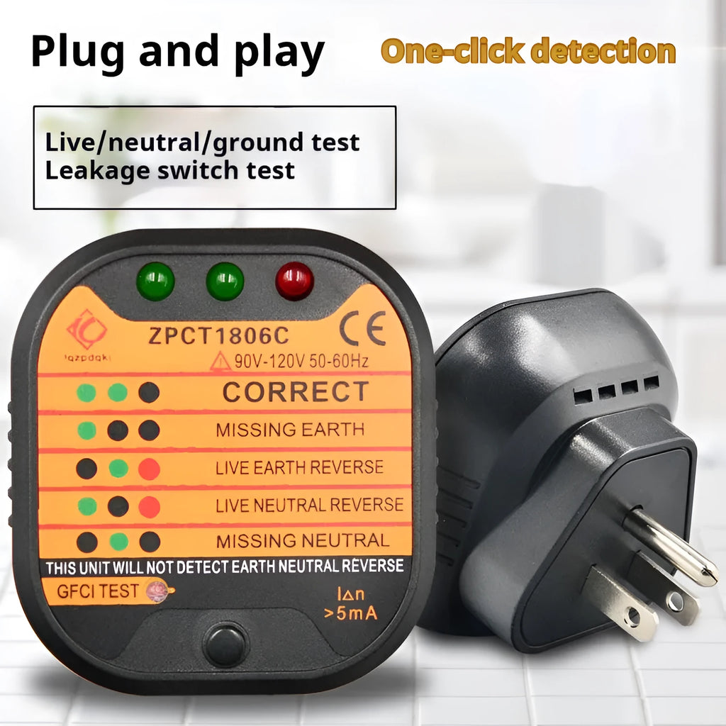 Black socket tester with three prongs and LED indicators for UK EU US wiring fault detection