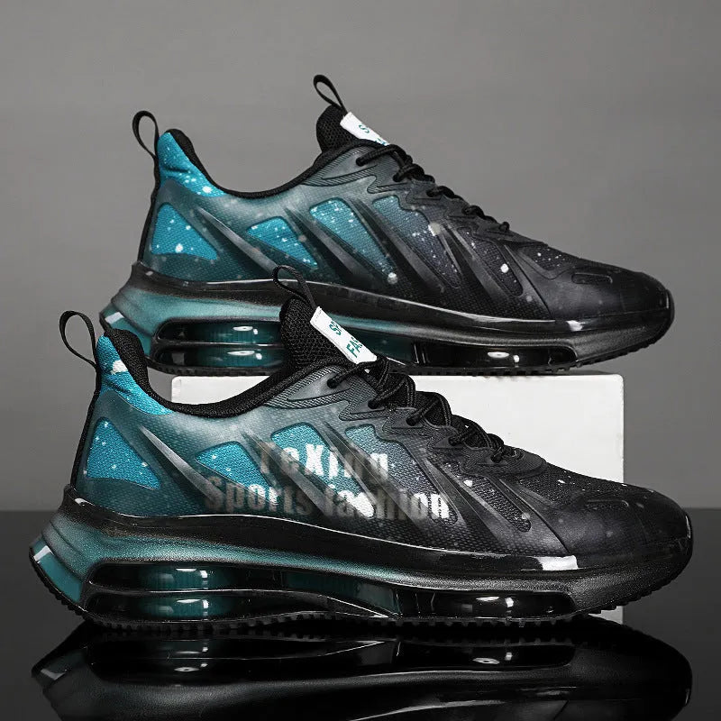 Men's black and green platform mid-heel mesh trainers with a lace-up front and rubber sole