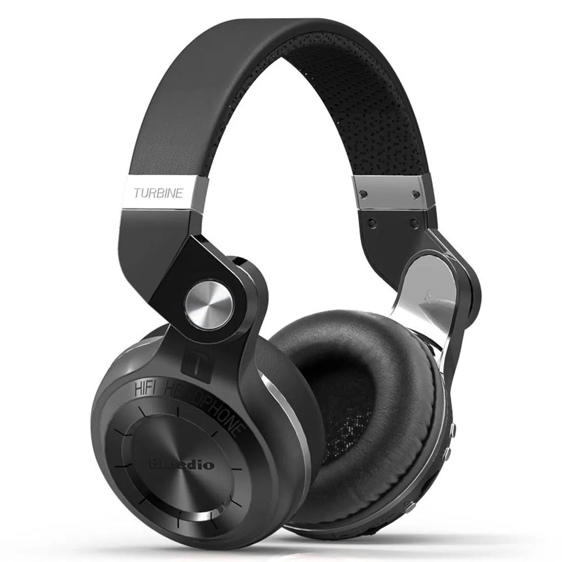 Black Bluetooth headset with head-mounted design and over-ear cushions on a table.