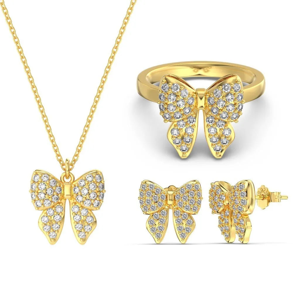 925 sterling silver bow stud earrings with zircon inlay on gold electroplated finish