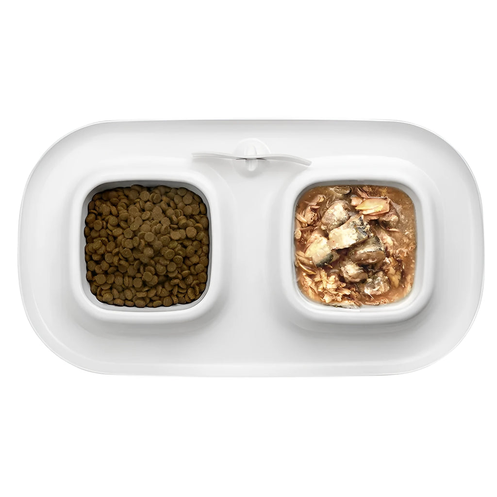 Cat Le Shi plastic double bowl for cats in milky white showing two compartments