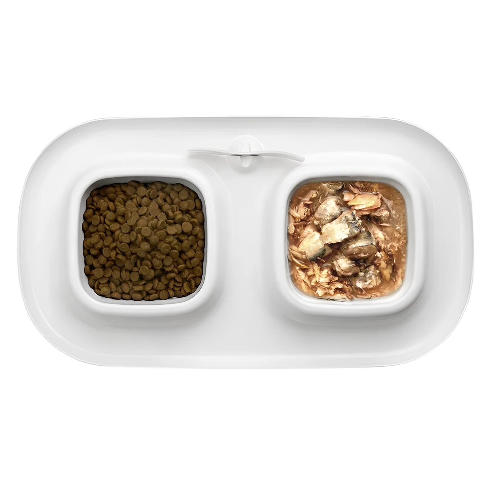 Cat Le Shi plastic double bowl for cats in milky white showing two compartments