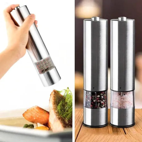 Electric stainless steel pepper mill in natural colour, 22.5 cm tall.
