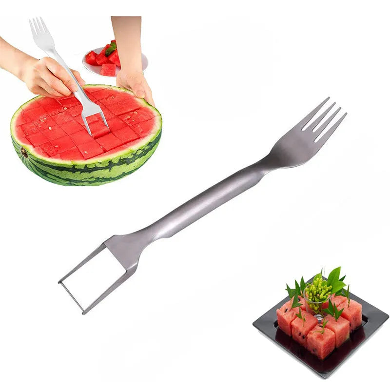2-in-1 watermelon fork slicer made of 304 stainless steel, 26 cm long, with rounded fork head and lengthened handle