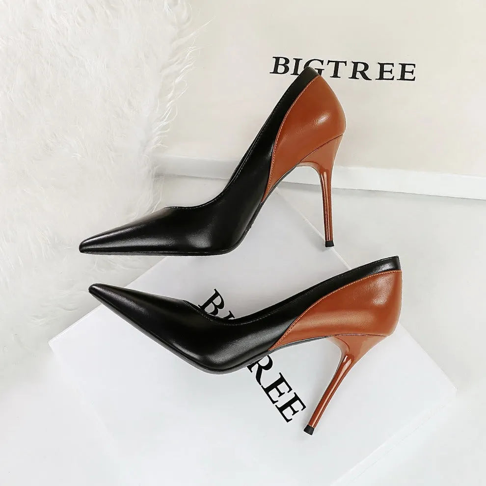 Colour block women's stiletto heel pumps with pointed toe in black and beige