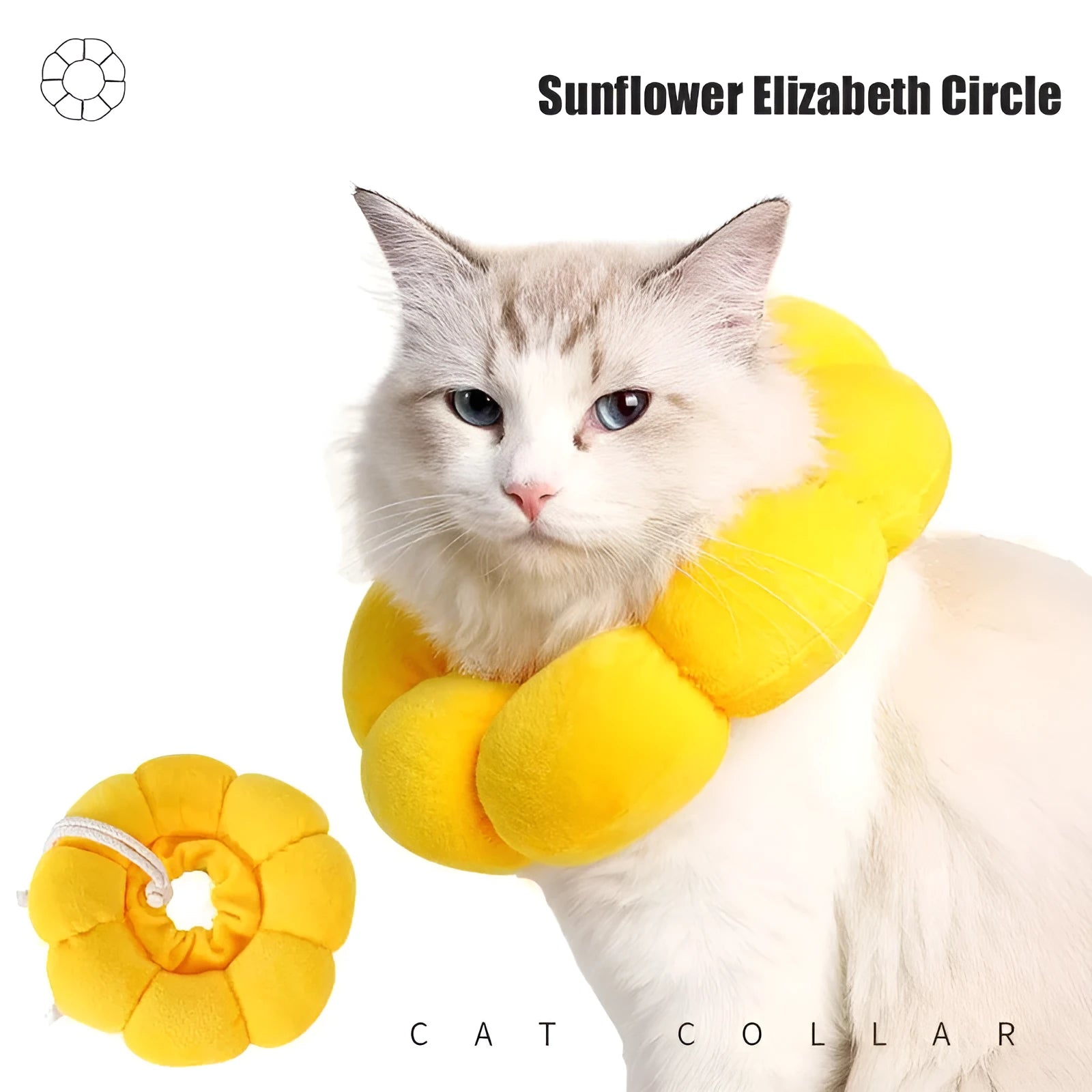 Soft cotton pet recovery Elizabethan collar with adjustable band on a cat.