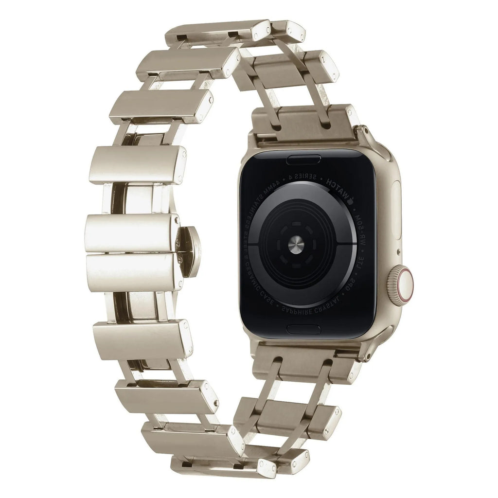 Metal replacement wristband for Apple Watch with butterfly clasp, available in five colours: Gold, Black, Silver, Rose Gold, Starlight