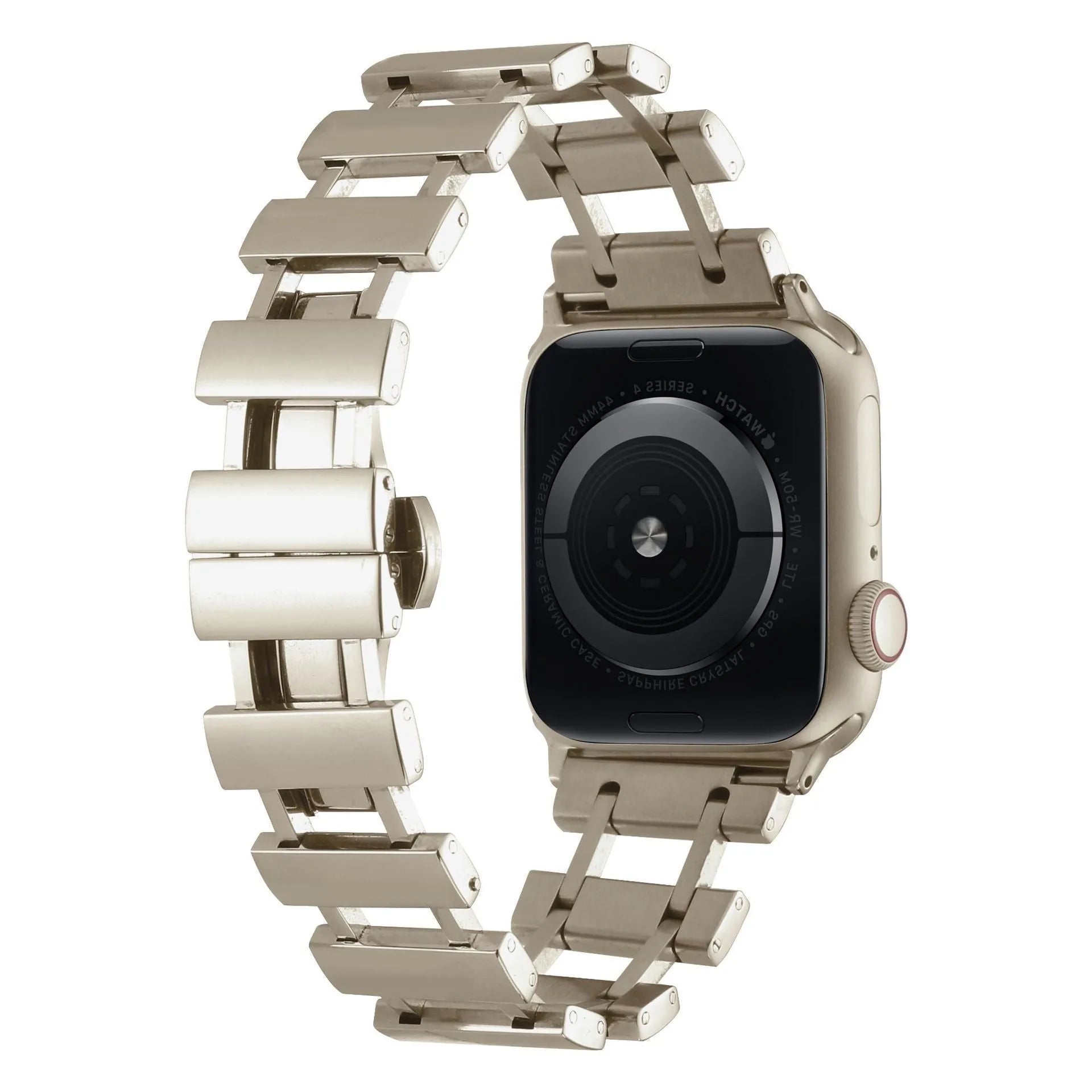 Metal replacement wristband for Apple Watch with butterfly clasp, available in five colours: Gold, Black, Silver, Rose Gold, Starlight