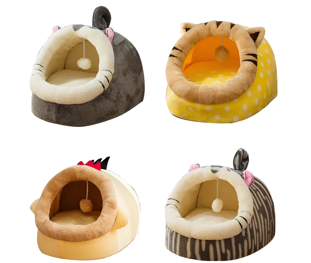 Washable pet kennel bed in brown leopard pattern, size M, on a wooden floor, showing non-slip bottom and removable cover.