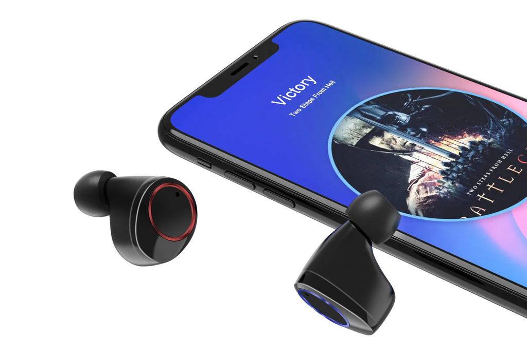 Black X11 wireless Bluetooth earbuds and their portable charging case on a white background.