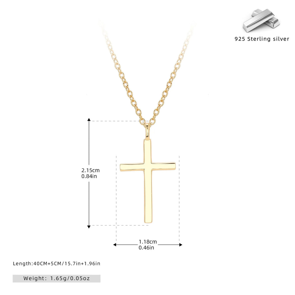 S925 sterling silver cross pendant necklace on an adjustable O-chain, shown in gold plated finish.