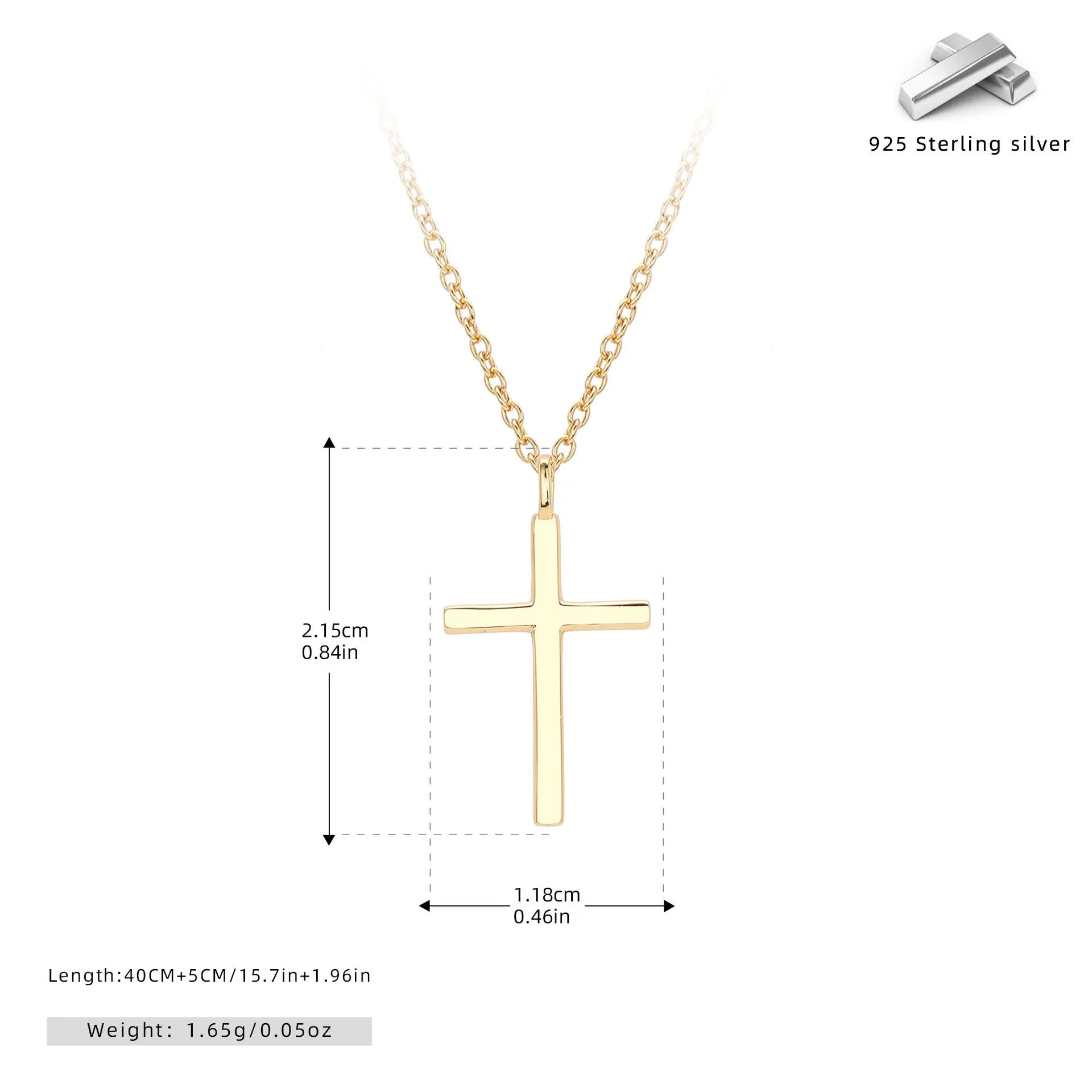 S925 sterling silver cross pendant necklace on an adjustable O-chain, shown in gold plated finish.