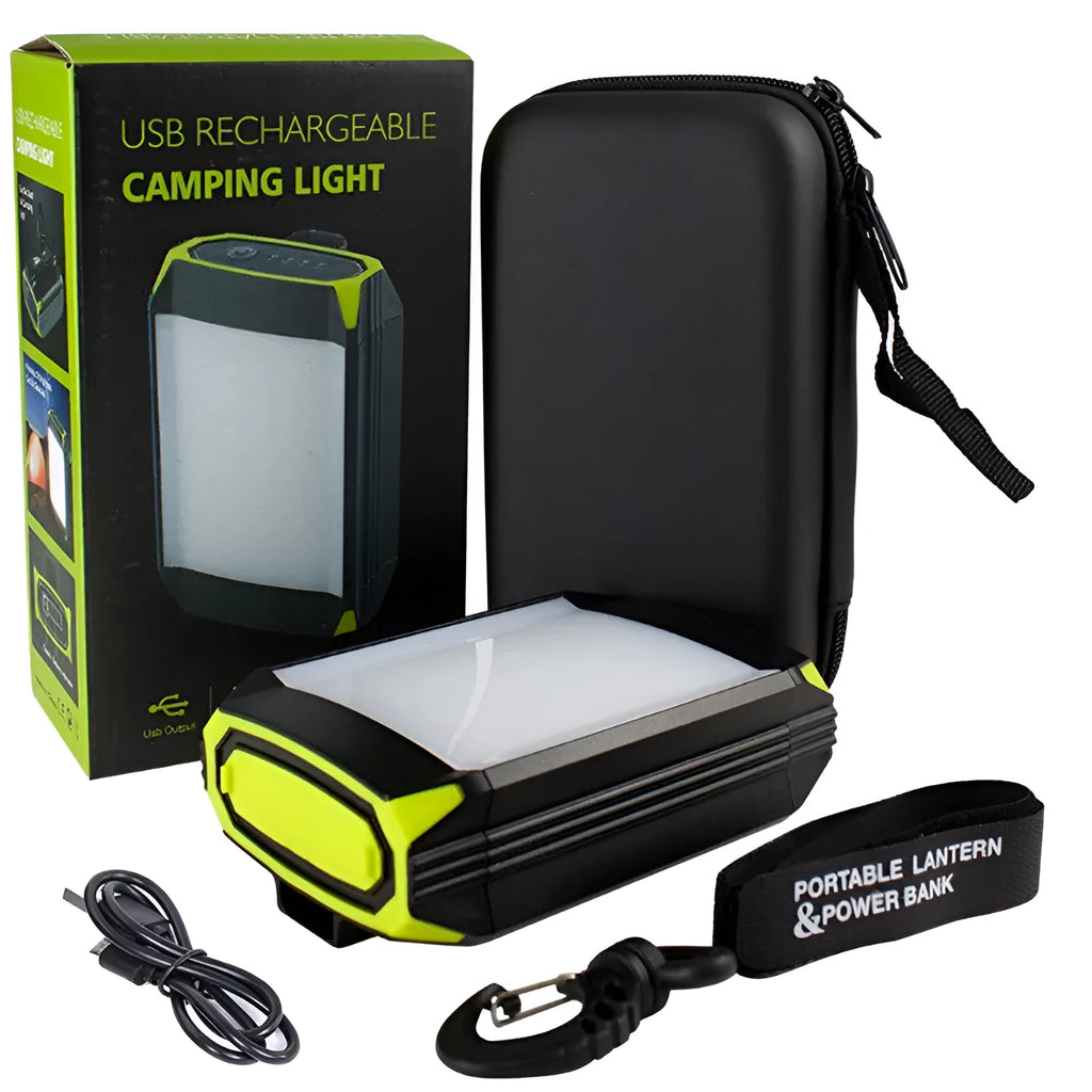 Rechargeable LED camping lantern with 5400mAh USB power bank, 30 LEDs, and nine light modes, black aluminium alloy and ABS body