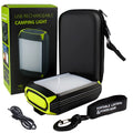 Rechargeable LED camping lantern with 5400mAh USB power bank, 30 LEDs, and nine light modes, black aluminium alloy and ABS body