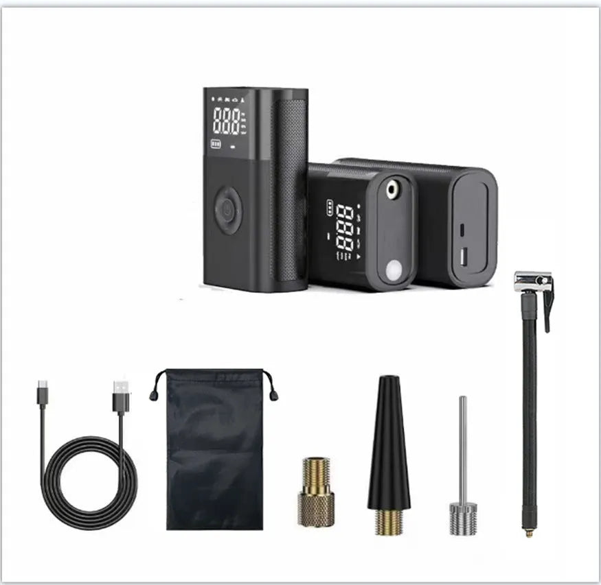 Wireless digital display handheld air pump with LED light, digital screen, and assorted inflation nozzles.
