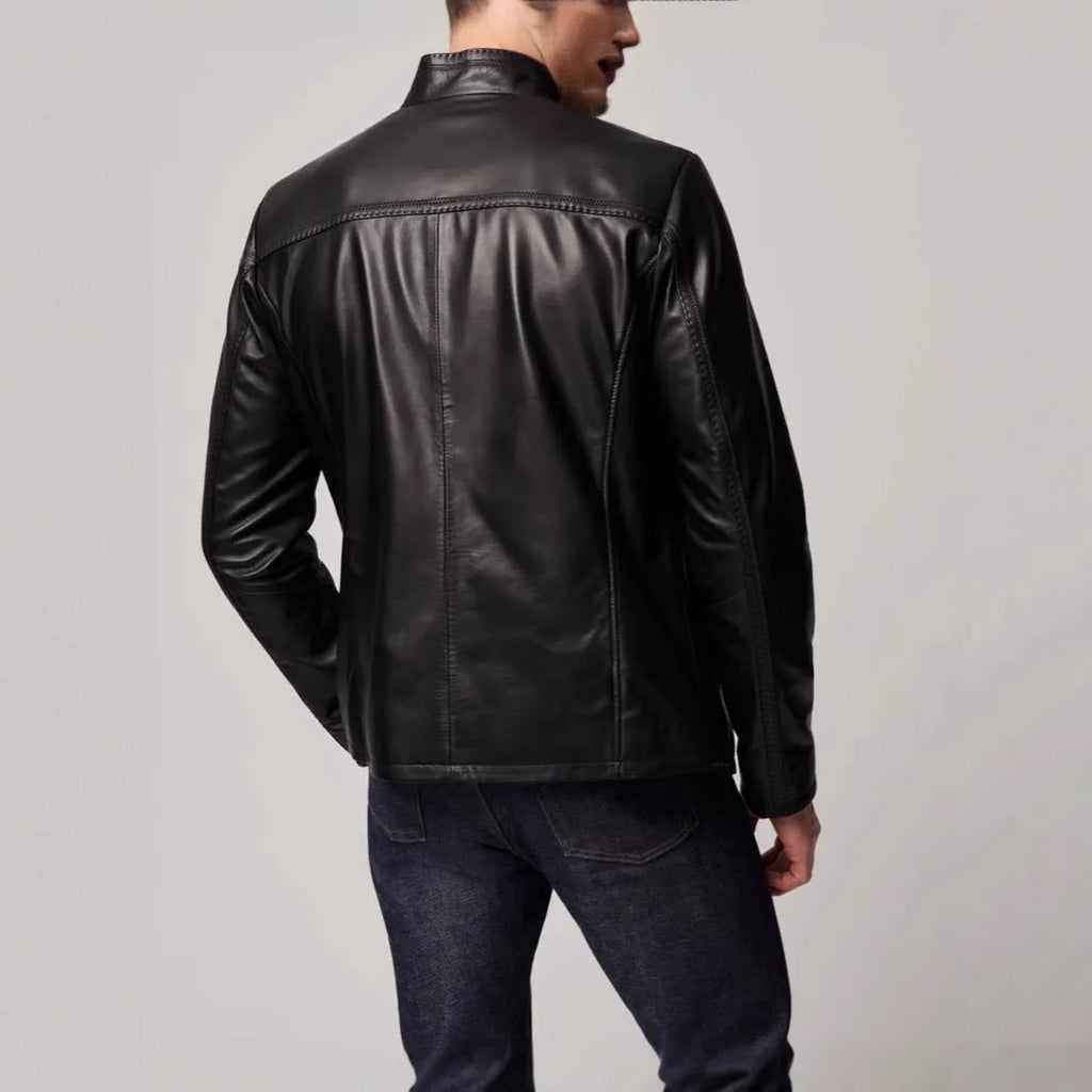 Men's black polyester retro jacket with straight hem and long sleeves