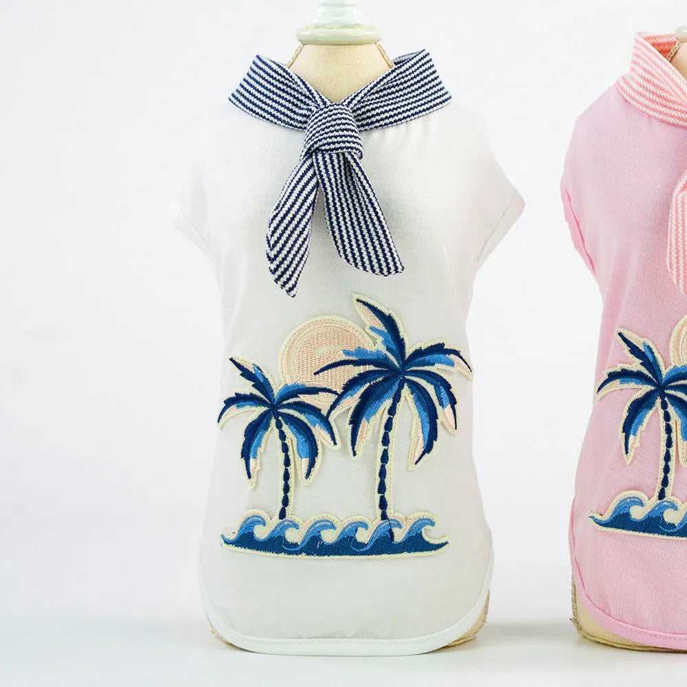 Cotton pet clothing with coconut tree embroidery in pink, casual dog coat for small to large breeds