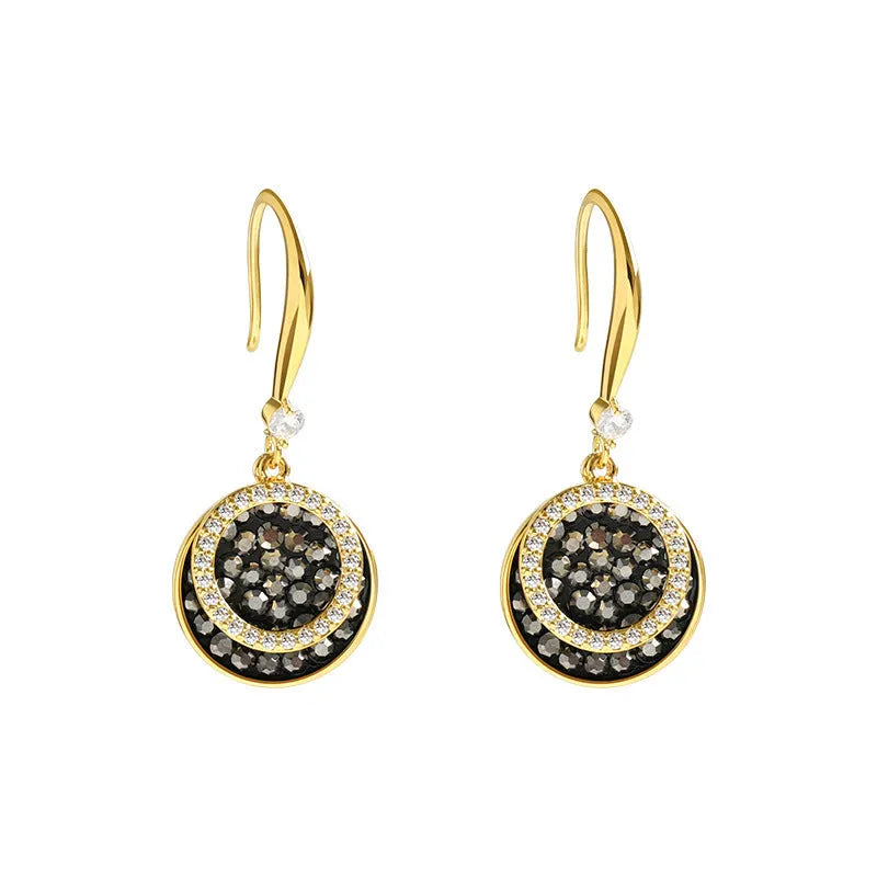 Black geometric alloy earrings with circular design measuring 3.6 cm in length