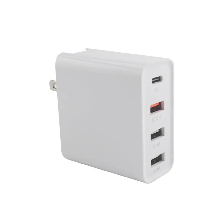 Black 48W PD wall charger with four USB-C ports and a UK plug.
