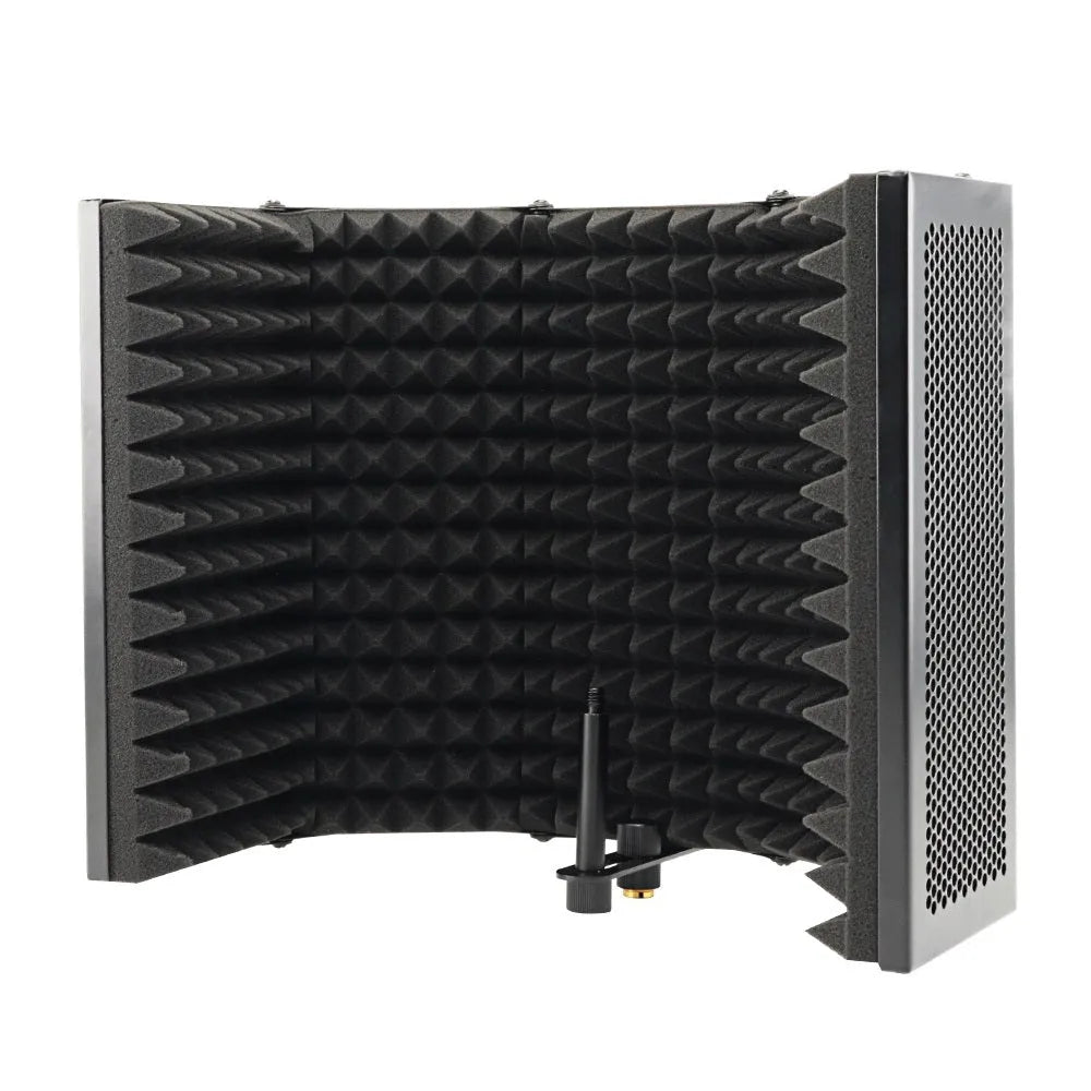 5-door black microphone enclosure with porous aluminium frame and high-density sponge panels on a recording desk