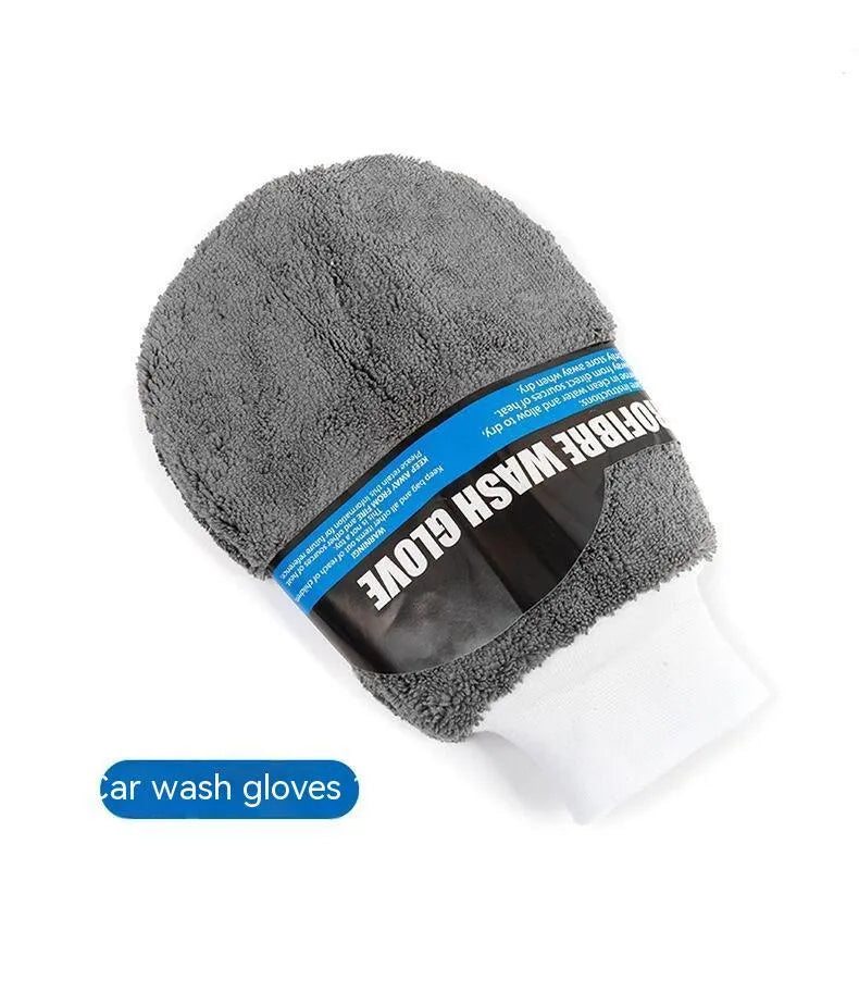 9-piece grey microfiber car wash set with gloves, sponge, tire brush, waxing wipes, and towels