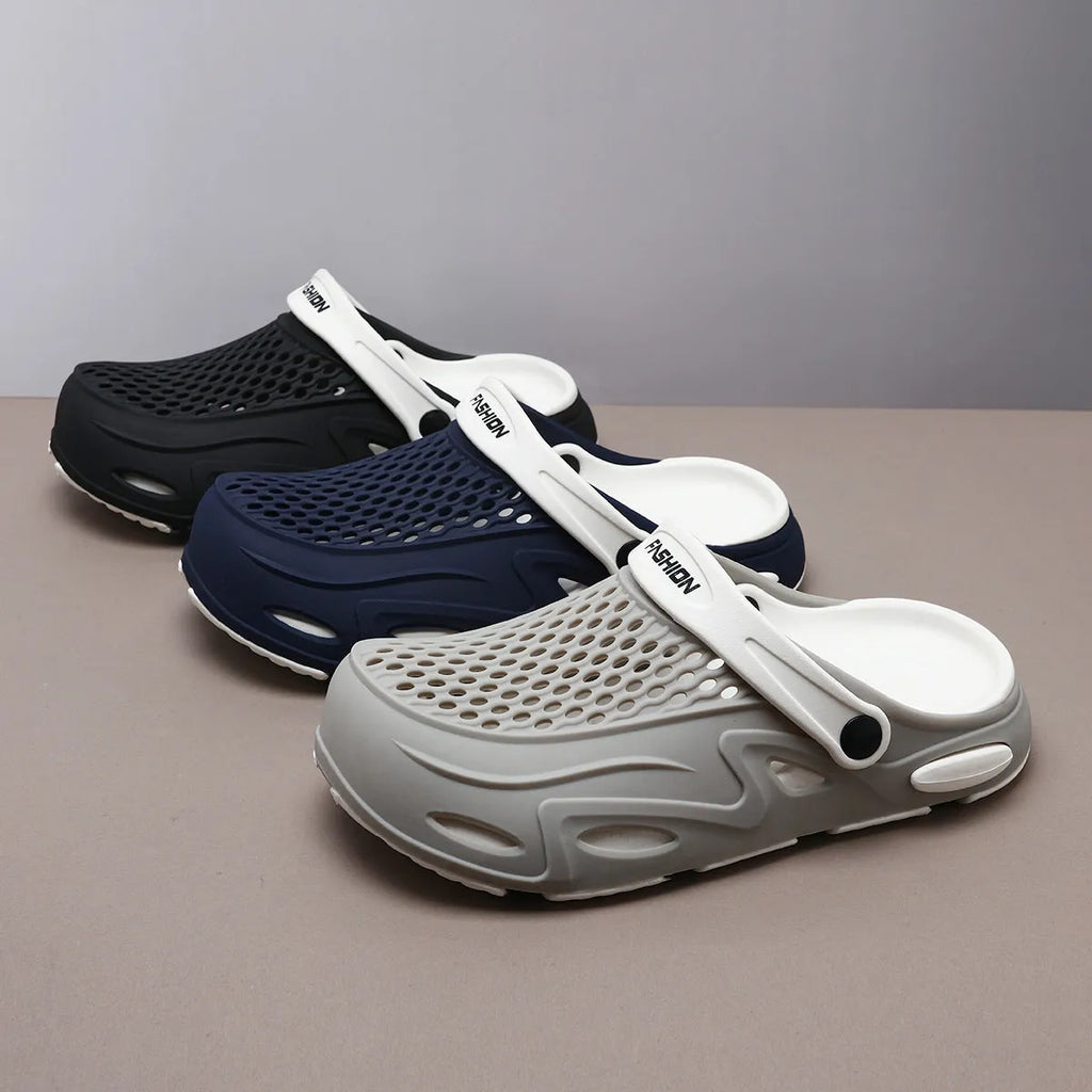 Men's grey closed toe beach slippers with non-slip sole and breathable grid pattern design