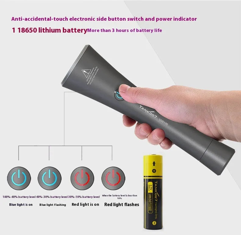 Black aluminium UV flashlight with USB-C port for detecting pet urine stains and insects.