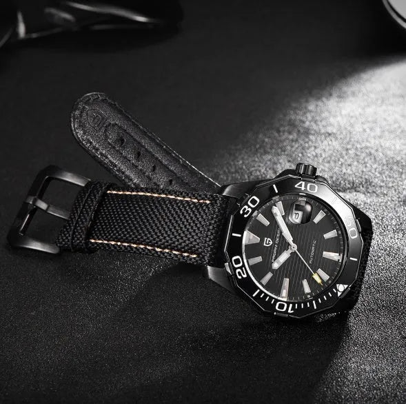 Men's mechanical watch PD-1617 with stainless steel bracelet and silver black dial