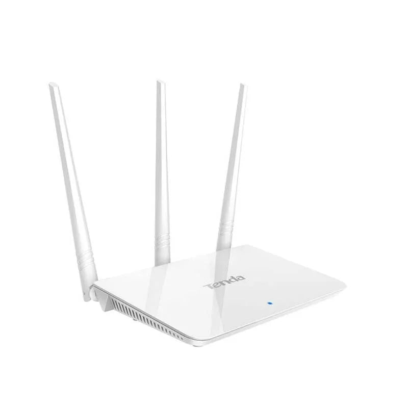 White dual-band wireless router for wired broadband connectivity.