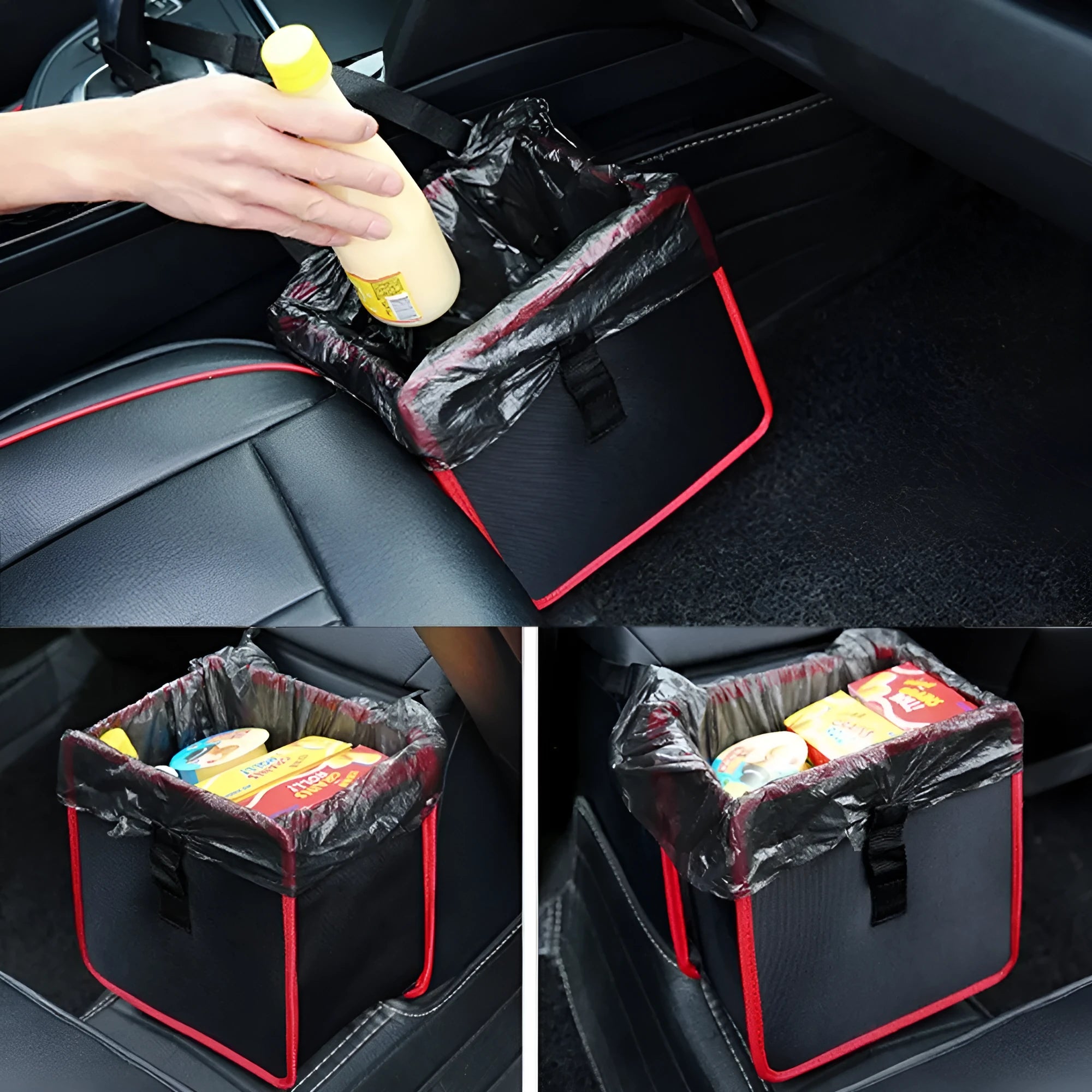 Foldable black Oxford car wastebasket with adjustable strap held on red seat headrest
