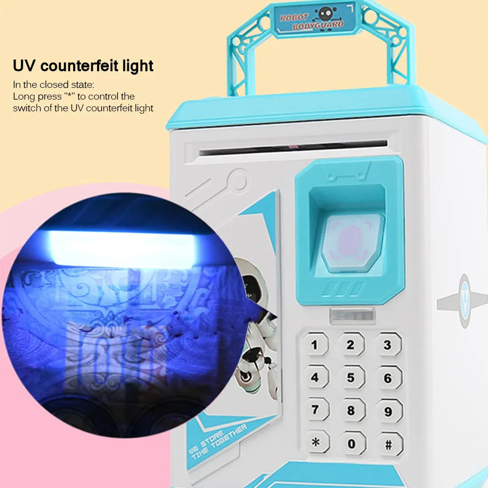 Electronic piggy bank in blue with fingerprint scanner and ATM-style front panel on white background