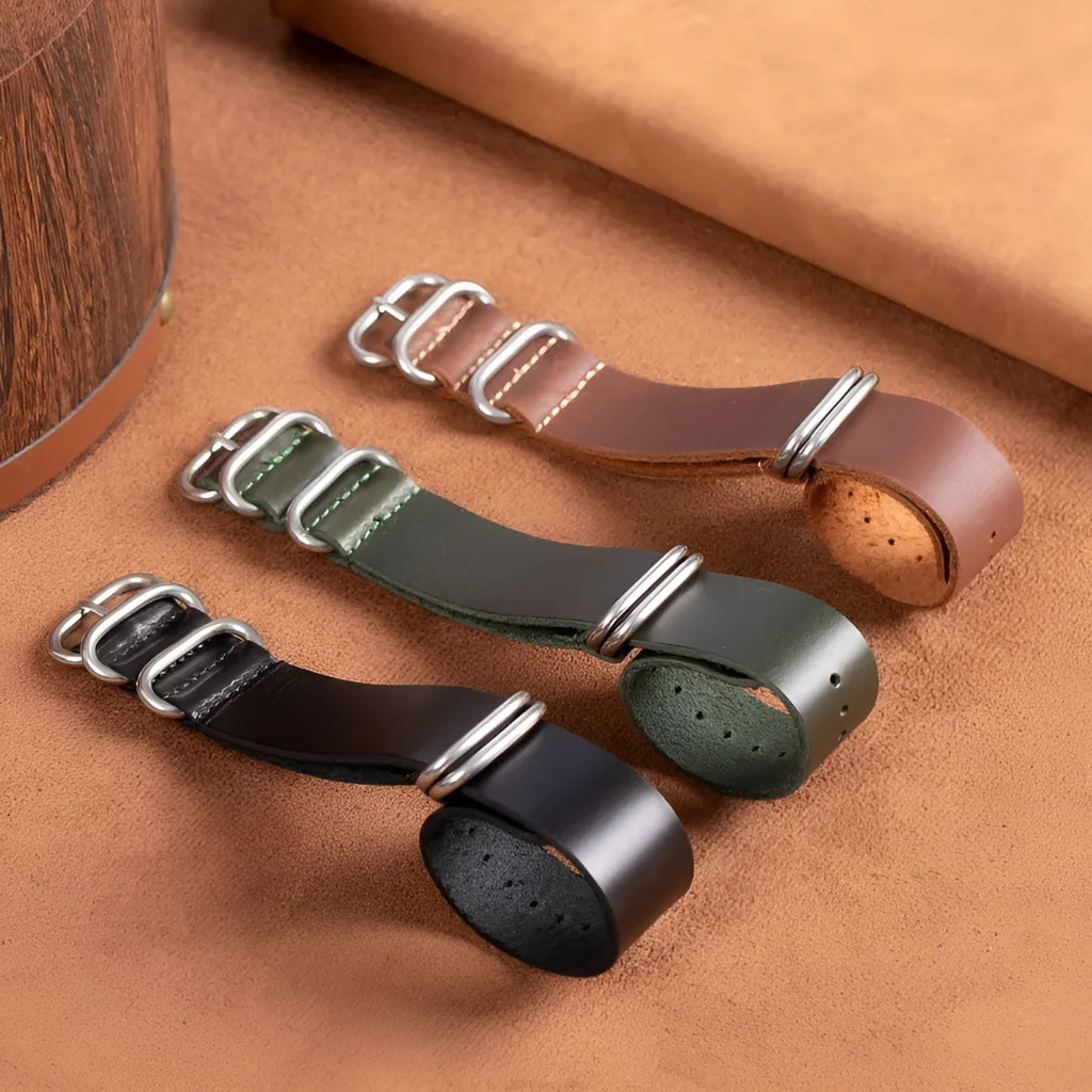 Five-ring cowhide burst crack crazy horse oil watch strap in black, brown, and green, available in 18mm, 20mm, and 22mm widths