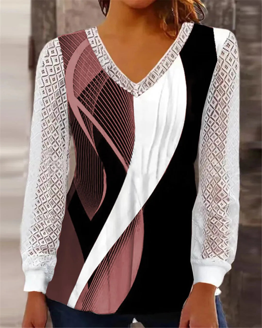 Purple loose fit V-neck women's top with long sleeves and a hollow-out lace print design.