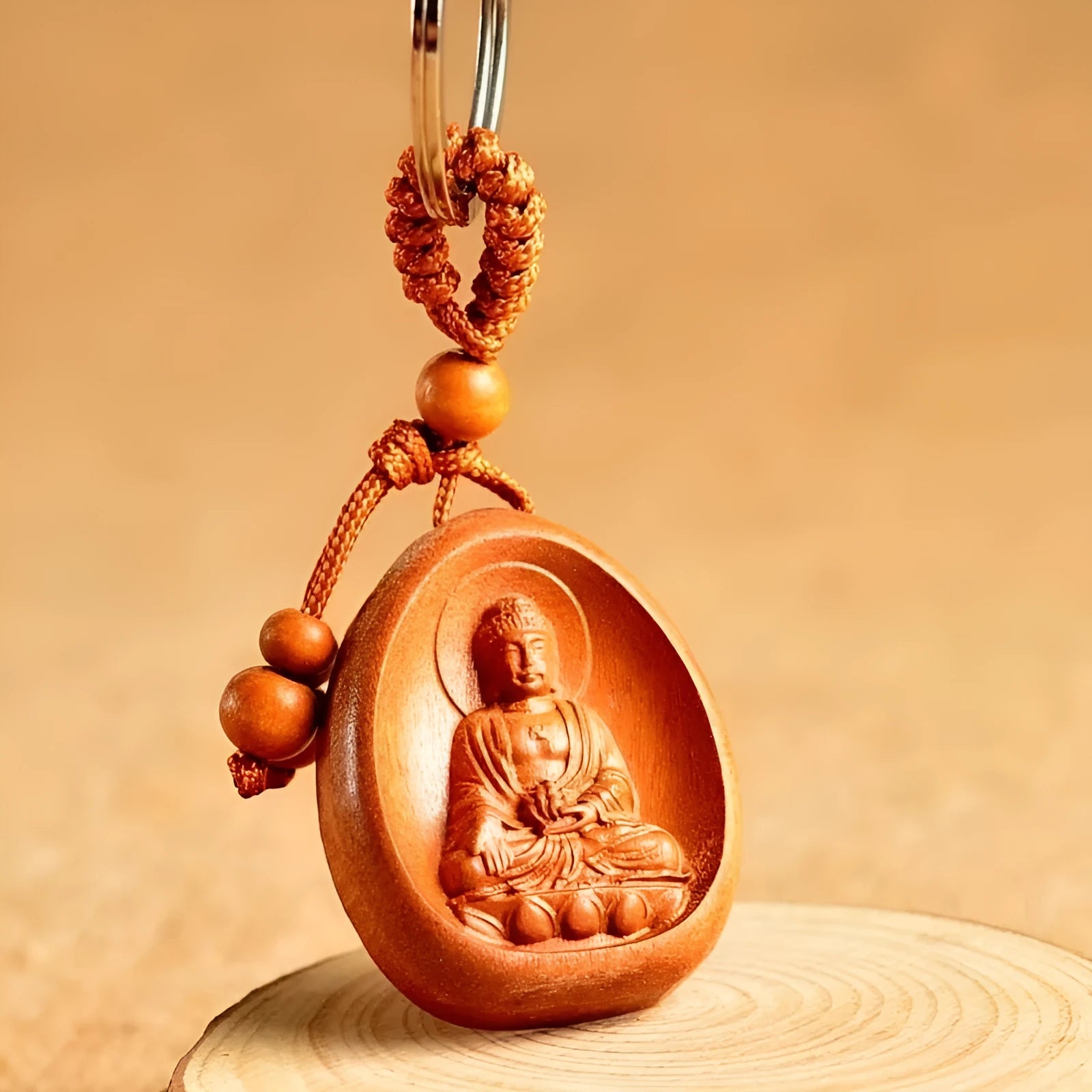 Eight patron saint keychains in natural Taomu wood, peach wood colour, 10x3.2x4cm size, orange colour option available