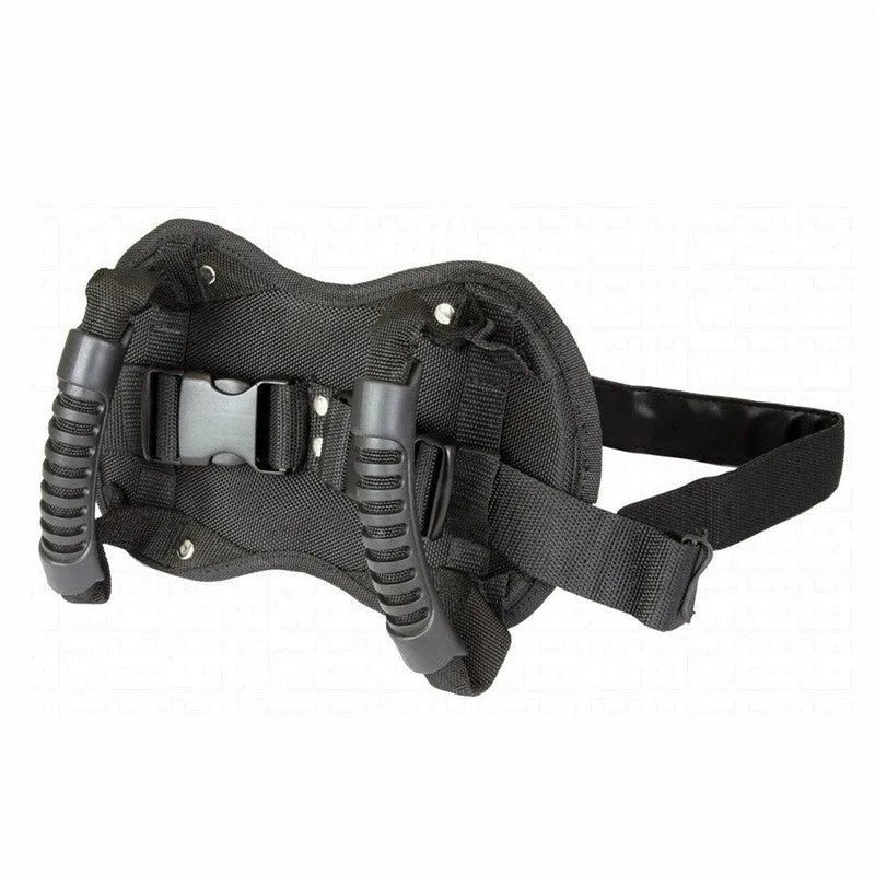 Motorcycle rear seat safety handle in black with Oxford cloth strap and adjustable buckle