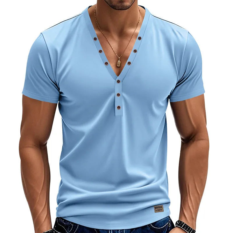 Men's loose thin grey V-neck pullover top with button design on a hanger.