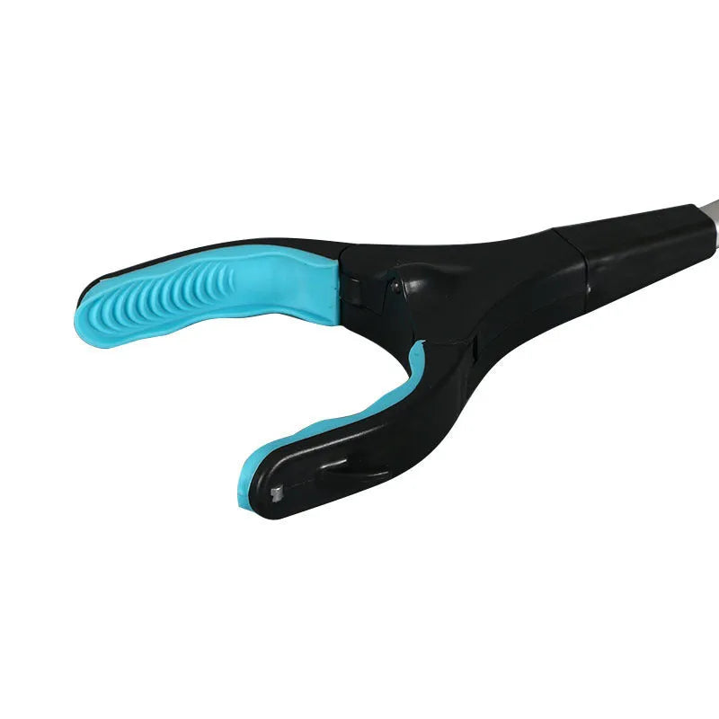 Blue foldable portable pickup tool with aluminium shaft and stainless steel grabber, shown extended and collapsed.