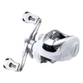 Small white micro drop wheel bait casting fishing reel on a rod