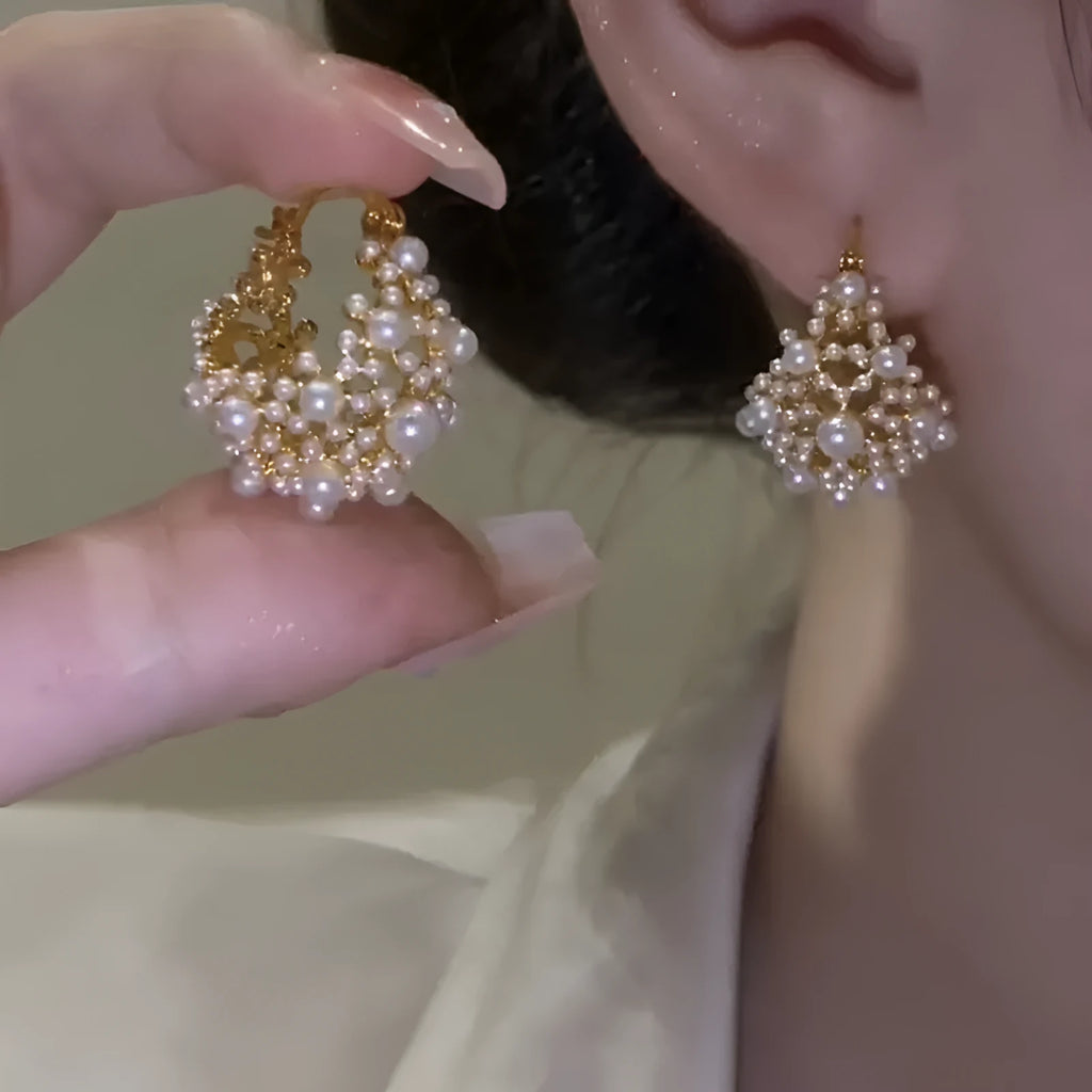 Gold-coloured copper flower basket earrings with small rice-shaped bead inlay for women