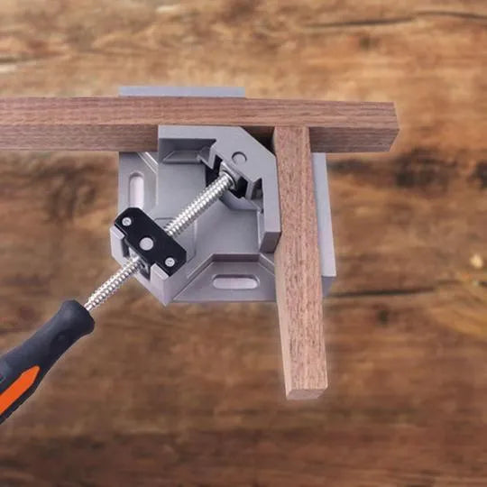 Die-cast aluminium alloy 90 degree right angle welding clamp with chrome-plated rod and anti-slip rubber handle, 70mm max opening
