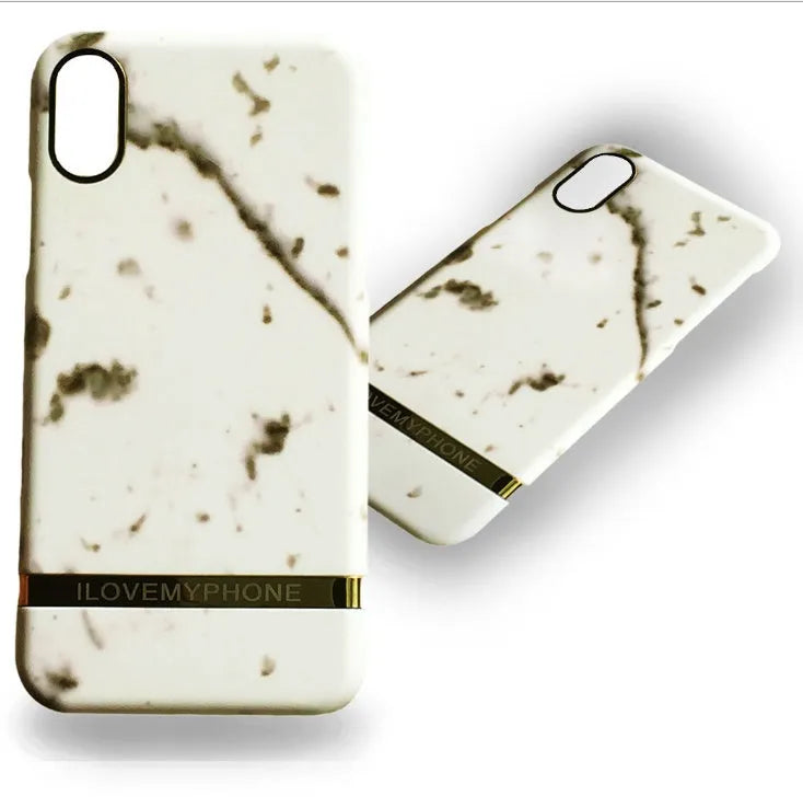 Marble pattern plastic protective case for iPhone in multiple colour options on a dark surface.