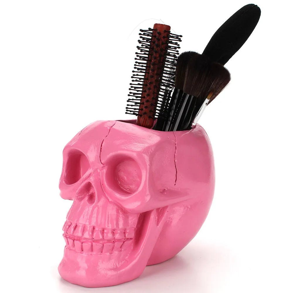 Resin skull head storage tube in black with 350ml capacity for stationery and beauty tools