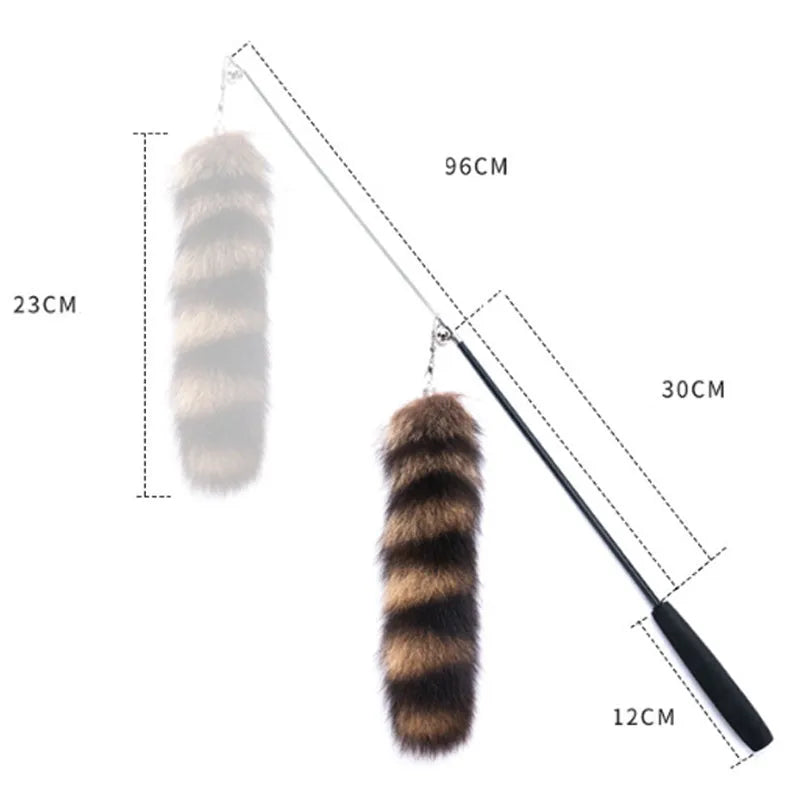 Black cat toy wand with elastic string and feather teaser, 42 cm long
