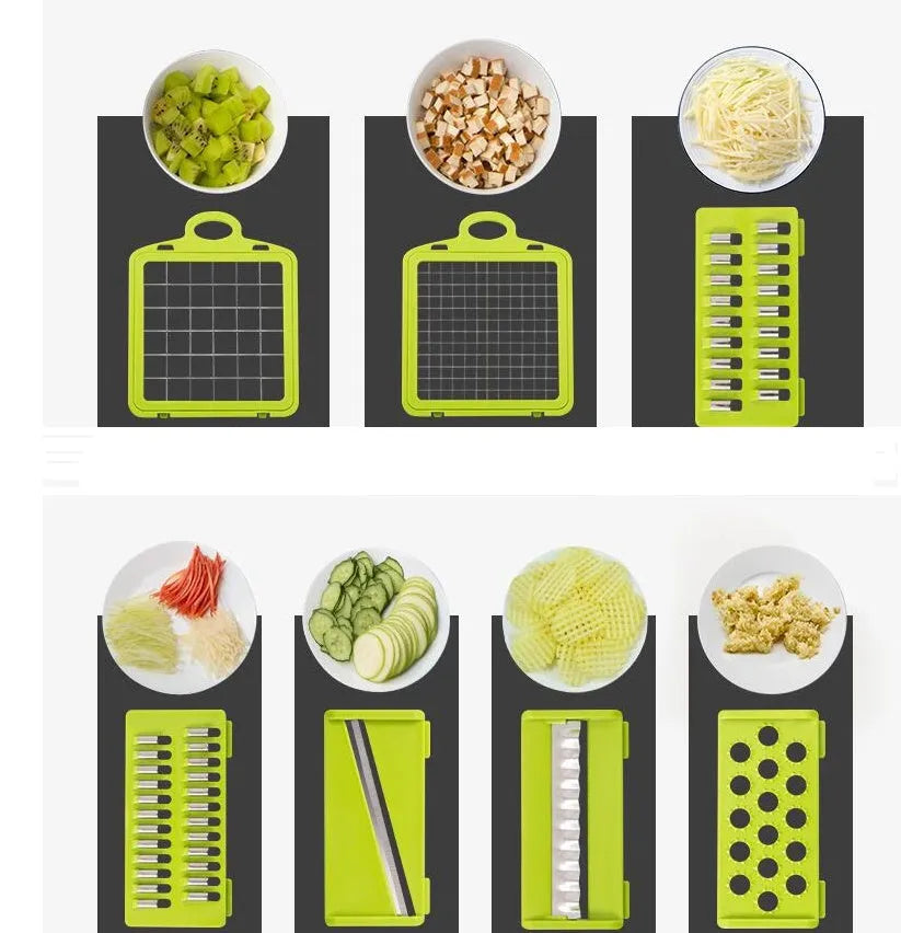 Manual vegetable cutter with multiple stainless steel blades on a wheat straw plastic body, shown in blue.