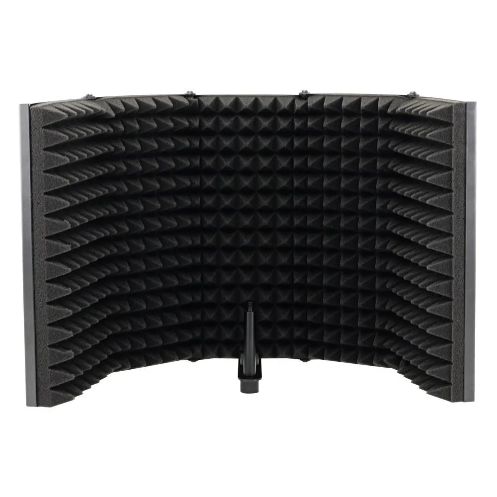 5-door black microphone enclosure with porous aluminium frame and high-density sponge panels on a recording desk