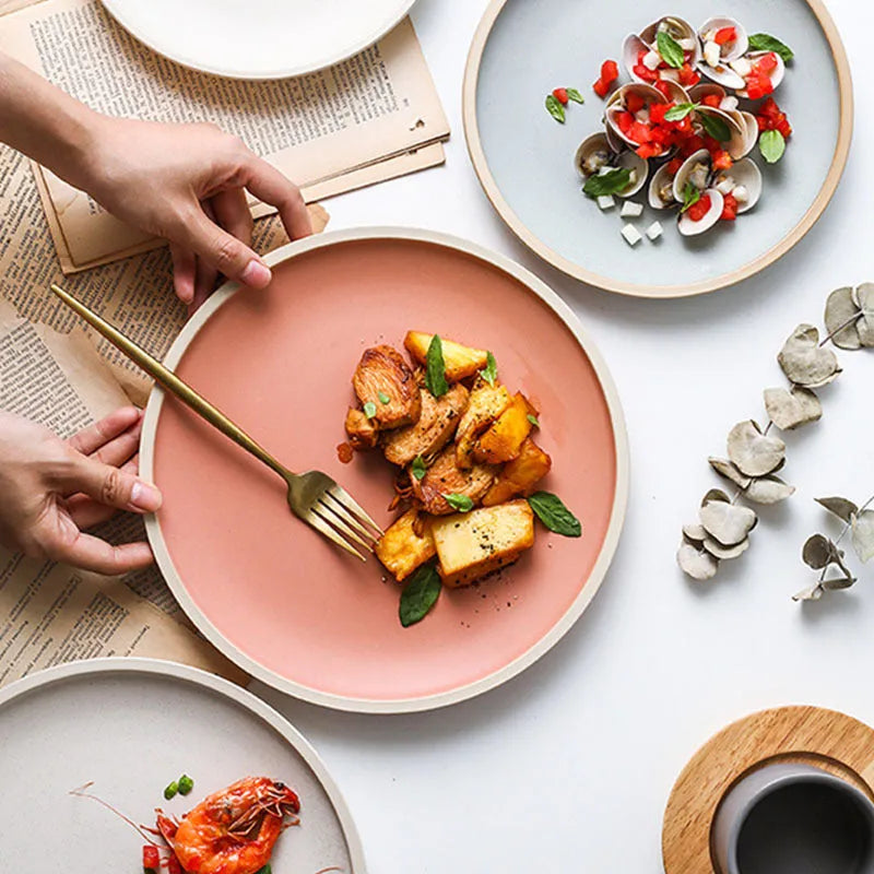 10 inch matte ceramic dinner plate with pure colour finish and sesame point glaze texture