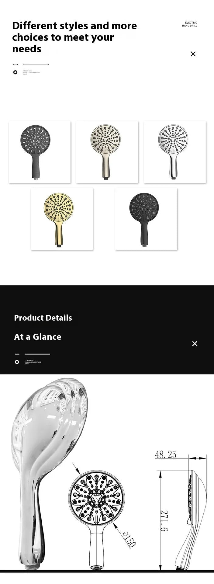 Six-function portable handheld shower head with 6-inch face and electroplated finish